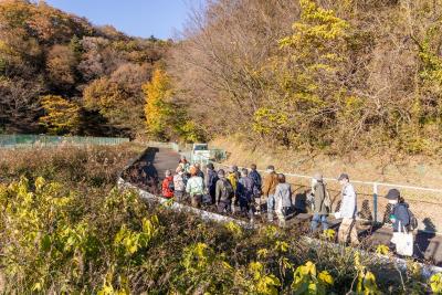 里山的自然の中を散策する参加者のみなさまの写真