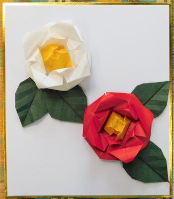 折り紙の紅白椿の写真