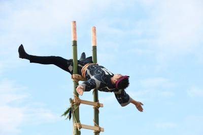 睦組によるはしご乗りの演技の写真