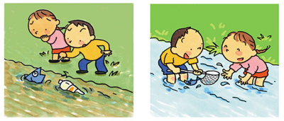 下水処理されずに汚れた川のイラストと下水処理されてきれいになった川のイラスト