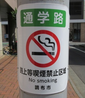 路上等喫煙禁止区域内の通学路標示板の写真