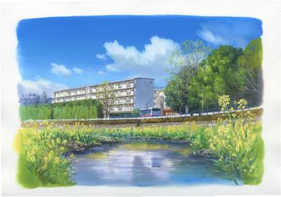 小田急バスと河川の風景画の画像