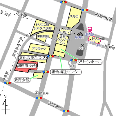 調布駅から市役所へ行く北向きの地図(徒歩用)