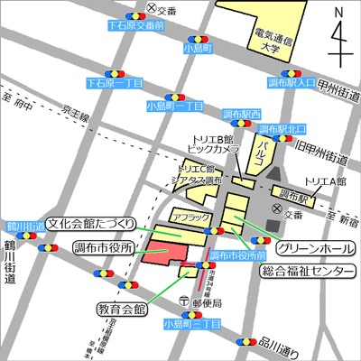 調布駅市役所へ行く車用の地図