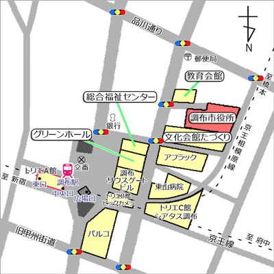 調布駅から市役所へ行く南向きの地図(徒歩用)